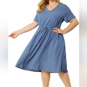 Agnes Orinda Blue V Neck Short Sleeve A Line Chambray Denim Dress Size 3X